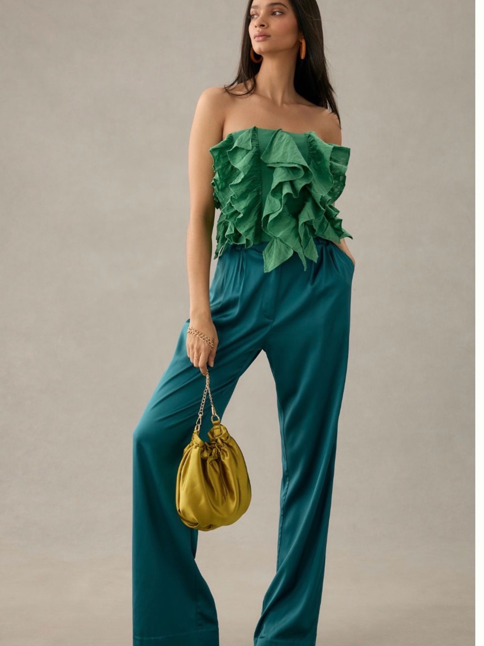 Anthropologie Green Ruffle Strapless Top XL